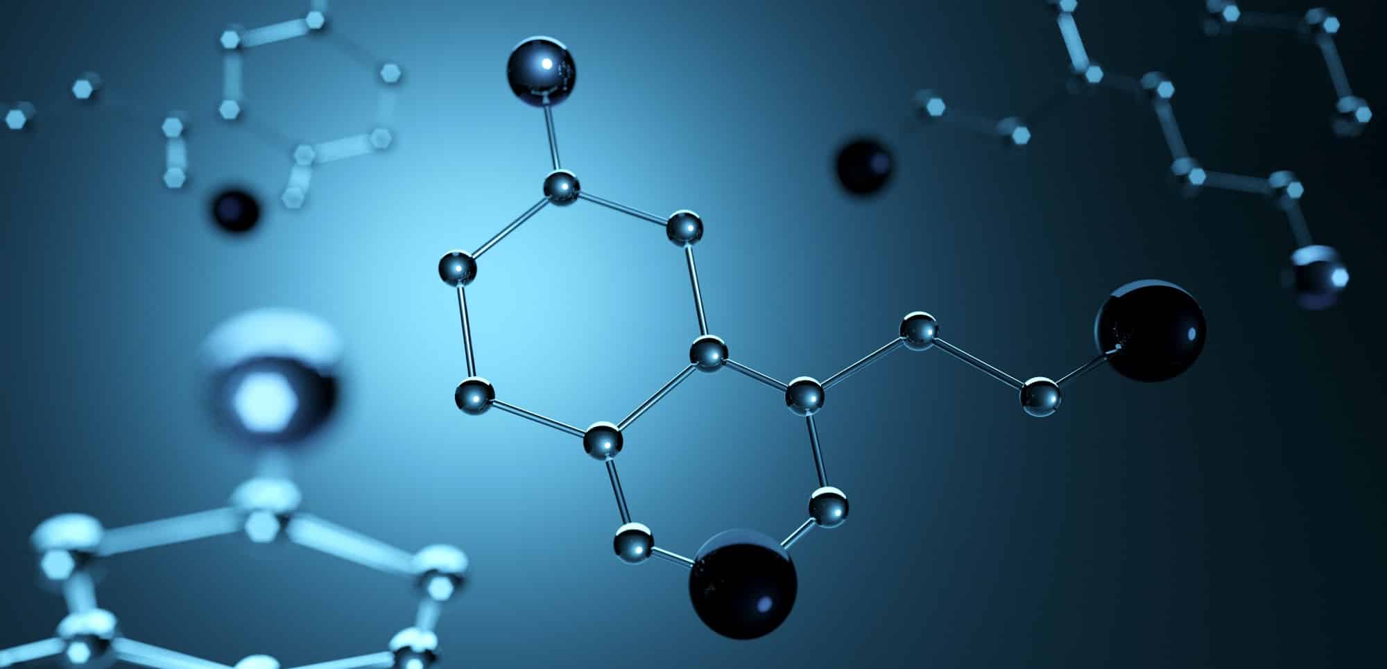 Illustrazione 3d. Modello di molecola di serotonina, ormone della felicità