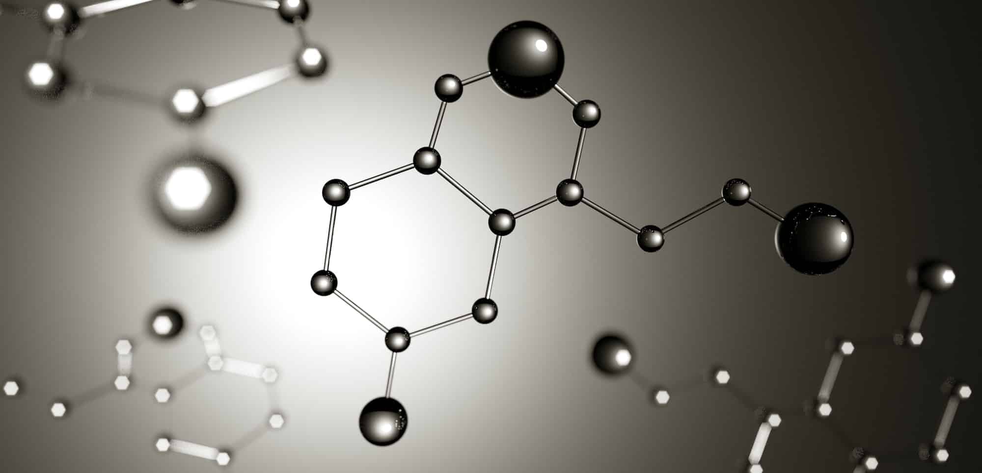 Illustrazione 3d. Modello di molecola di serotonina, ormone della felicità